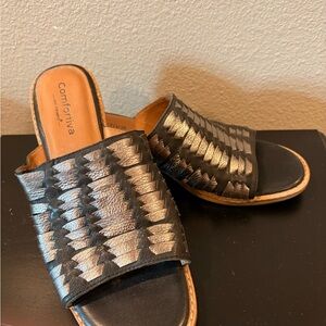 Comfortiva Black and Silver Slip-On Sandals with Woven Design